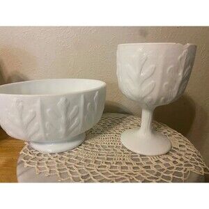 Vintage 1975 FTD White Milk Glass Oak Leaf Pattern Footed Bowl & Compote Set